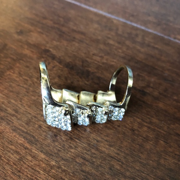 Gold-tone Full Finger Rhinestone Two Band Ring - Picture 3 of 5